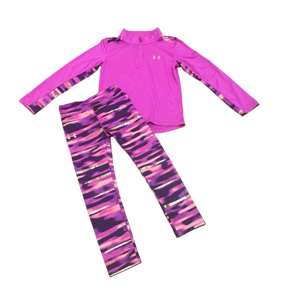 Under Armour Girls L/S Quarter Zip Top/Leggings Set Hot Pink and Black Size 5/6